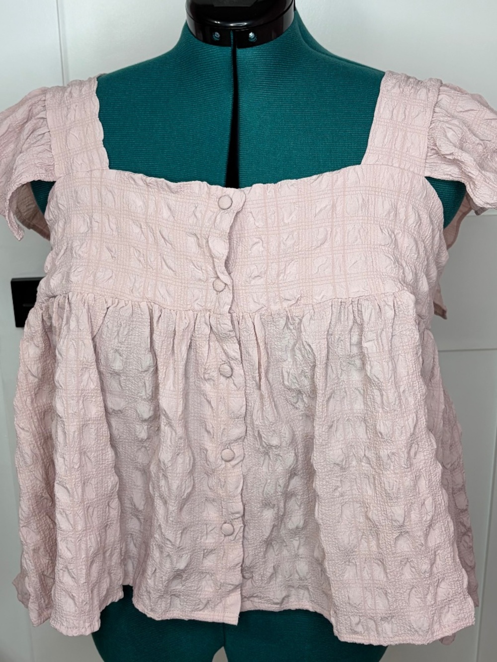 ASOS Design Pink Babydoll Crop Top Ruffle Straps Button Front Textured Size 14